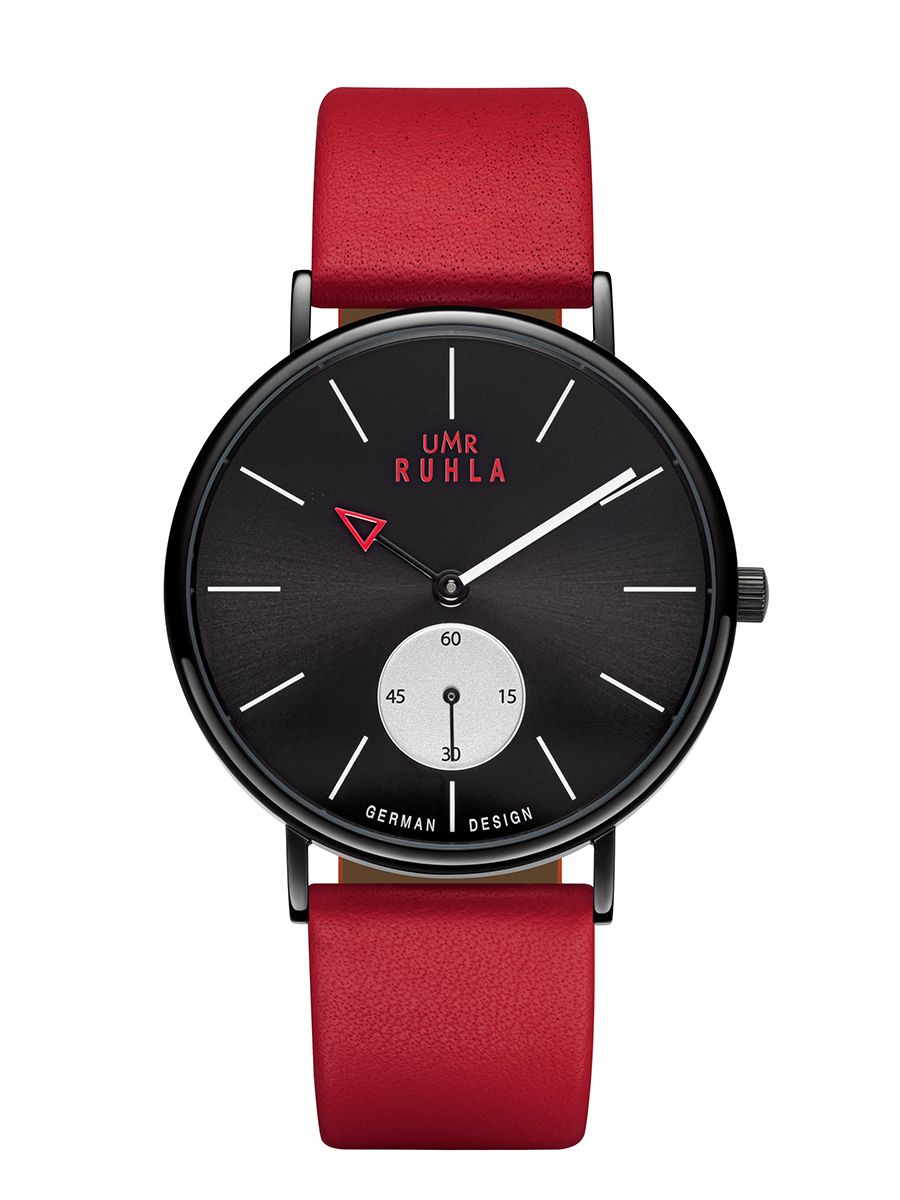 Montre pour femme avec cadran noir, détails rouges et bracelet en cuir rouge
