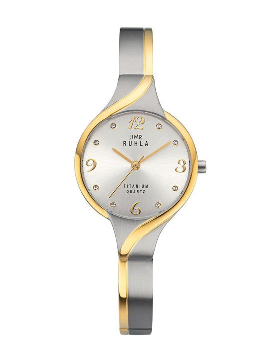 Montre bicolore pour femme avec cadran rond, lunette dorée, chiffres et bracelet en acier inoxydable.