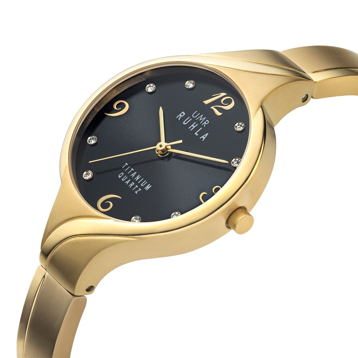 Montre avec cadran noir et boîtier doré, pierres en verre sur les index