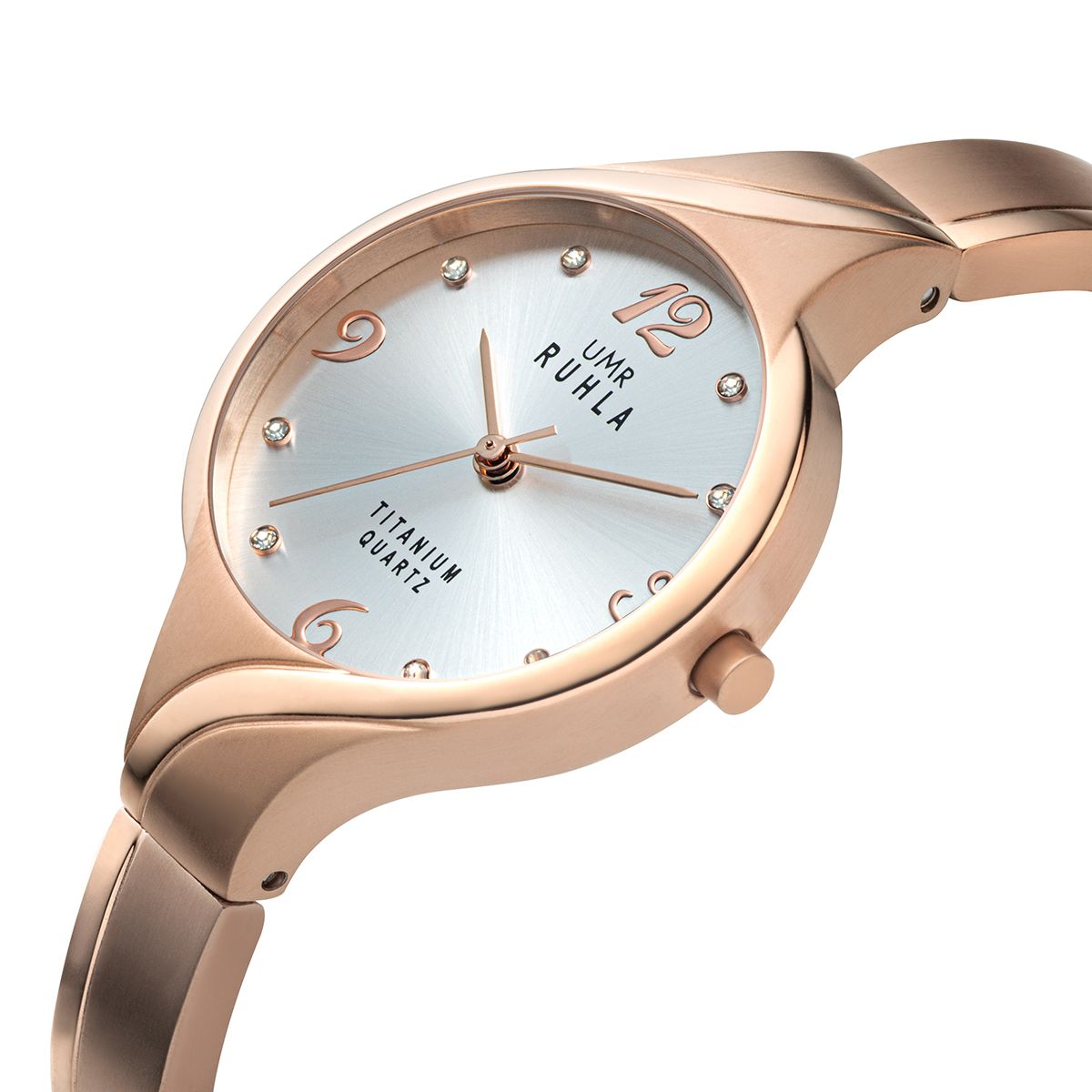 Montre pour femme couleur rose avec cadran clair, couronne, mouvement à quartz en titane et index.
