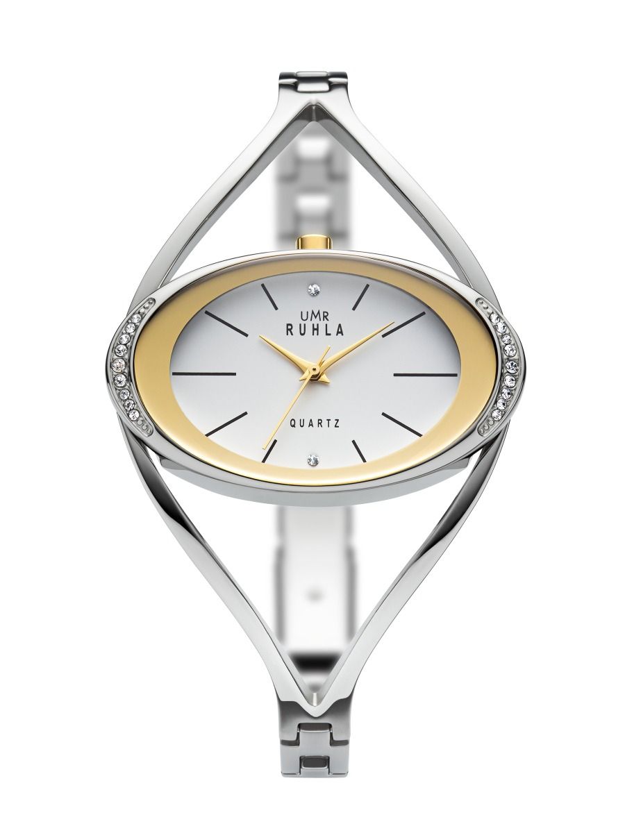 Montre pour femme bicolore : acier inoxydable/or, cadran blanc, lunette ornée de strass
