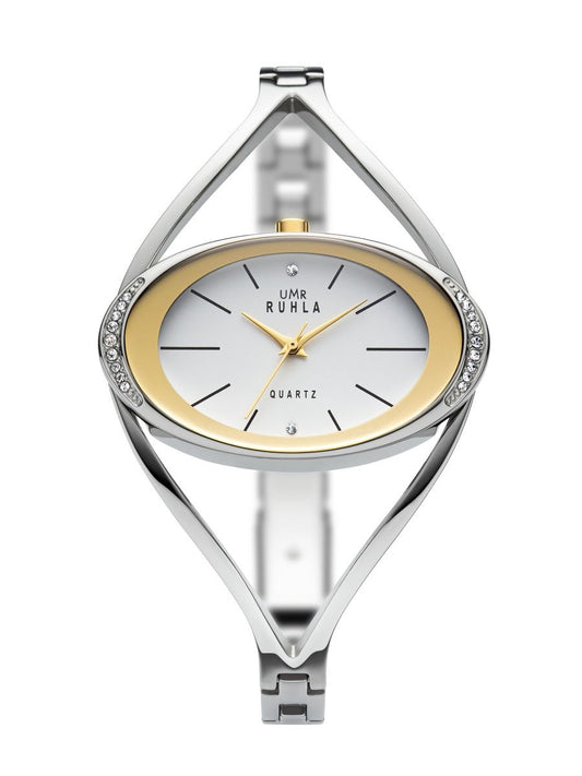 Montre pour femme bicolore : acier inoxydable/or, cadran blanc, lunette ornée de strass