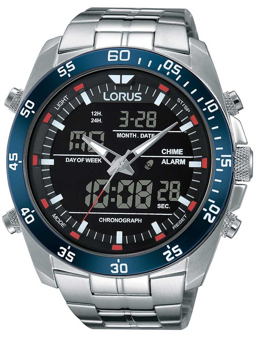 Herrenarmbanduhr mit silbernem Edelstahlband, schwarzem Zifferblatt und Chronographen-Display