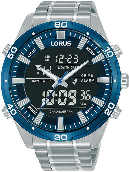 Herren-Armbanduhr mit blauem Zifferblatt, silbernem Metallarmband und Digital-Chronograph