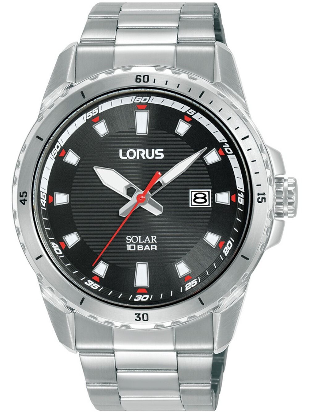 Lorus Herrenarmbanduhr RX367AX9 mit Solar, schwarzem Zifferblatt und Stahlband