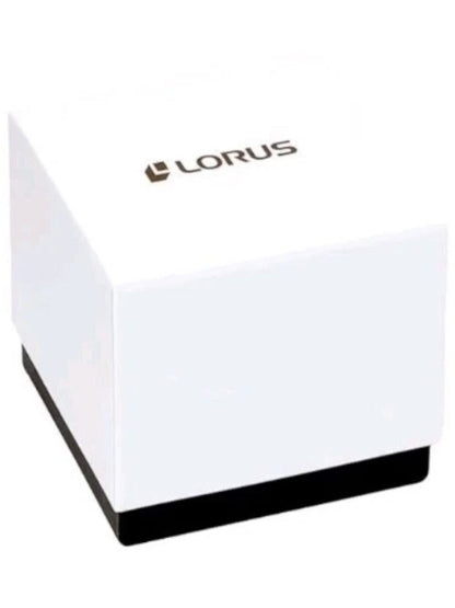 LORUS-Uhrenbox mit weißem Deckel und schwarzem LORUS-Schriftzug