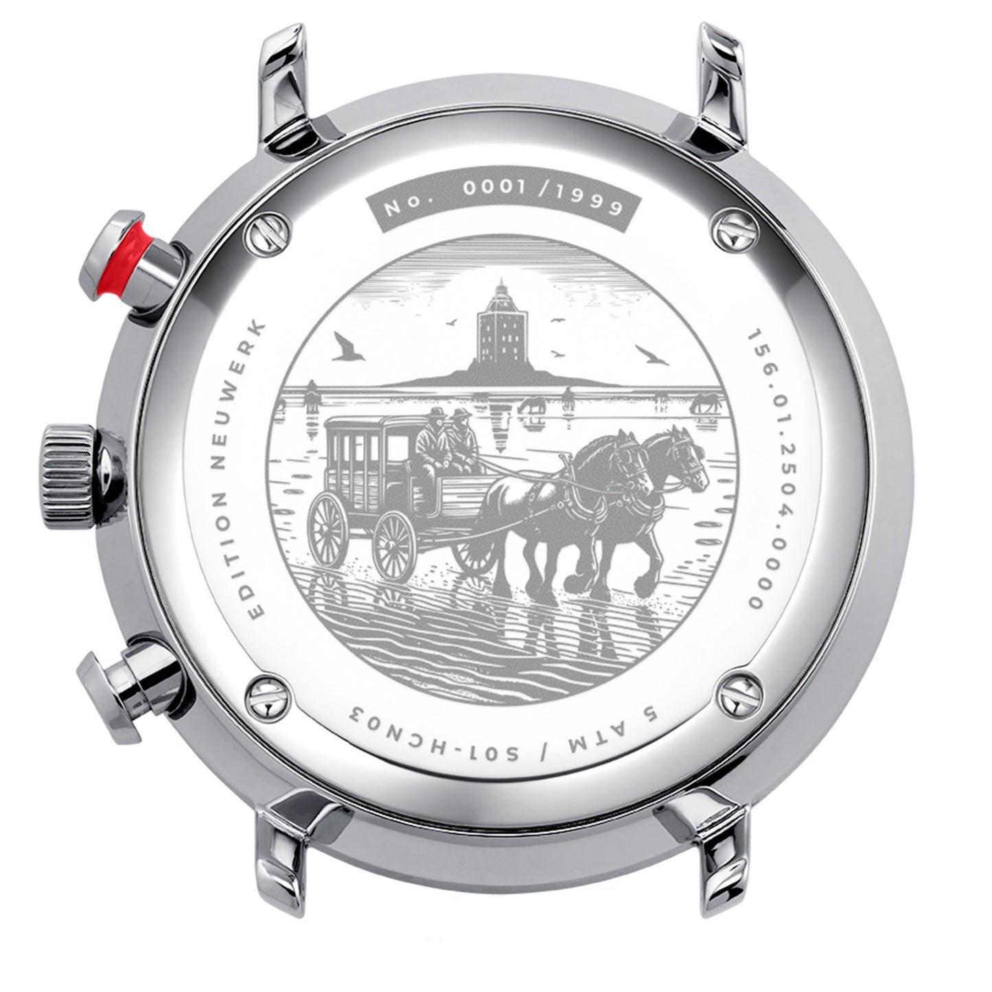 Silberne Herrenuhr mit Chronograph-Design, gravierter Rückseite mit Pferde- und Wagenmotiv