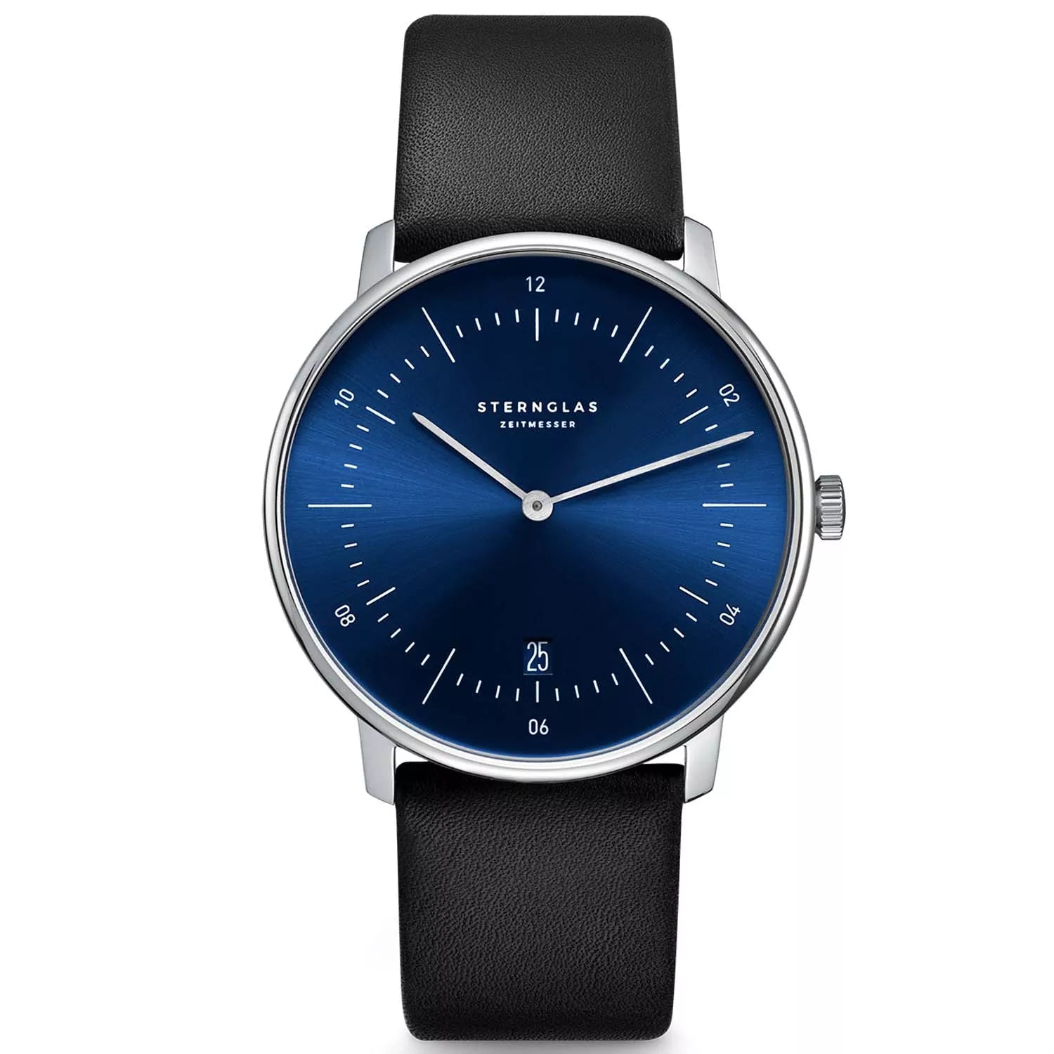 Herrenarmbanduhr mit blauem Zifferblatt, schwarzem Lederband und silbernem Gehäuse