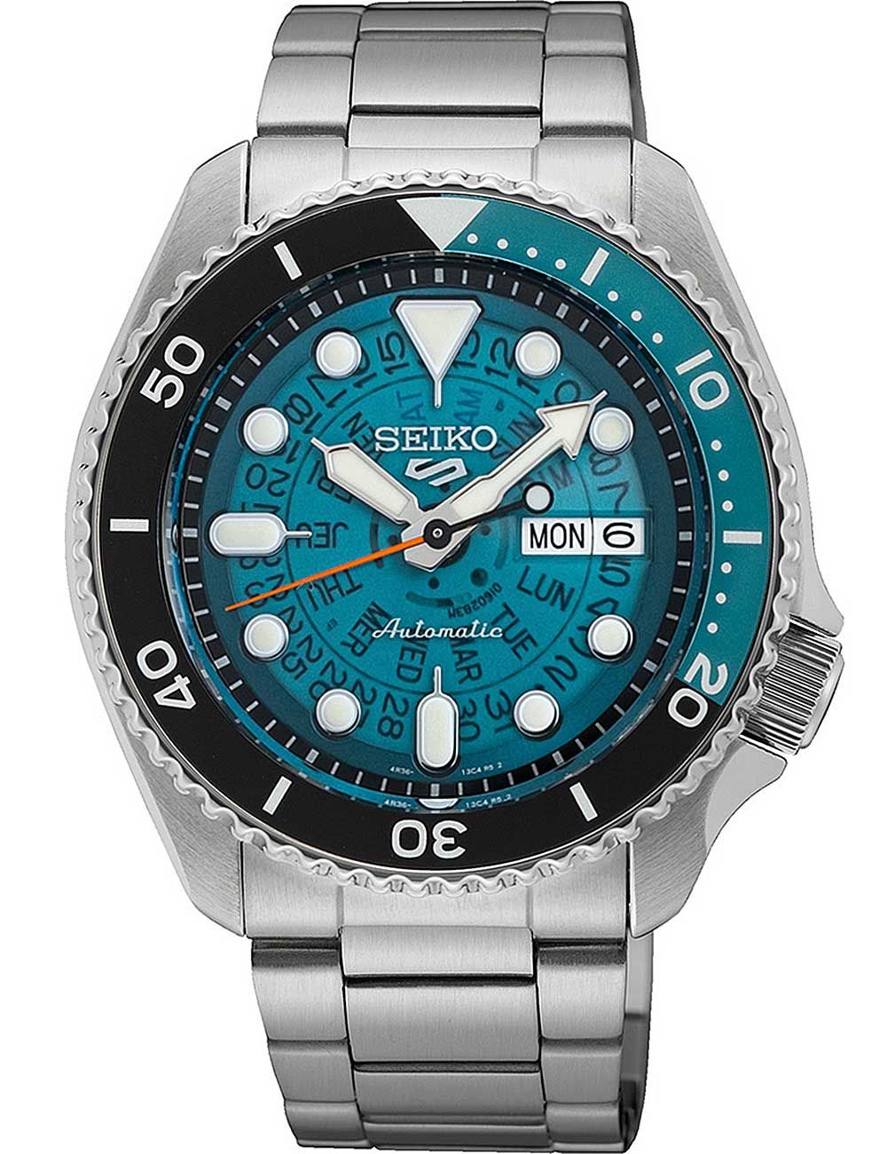 Seiko Herrenarmbanduhr mit Skelettzifferblatt, Stahlband; blau-grüne Lünette, MON-Datum