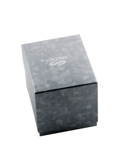 Seiko Uhrenbox mit grauem Camouflage-Muster und Logo auf Klappdeckel