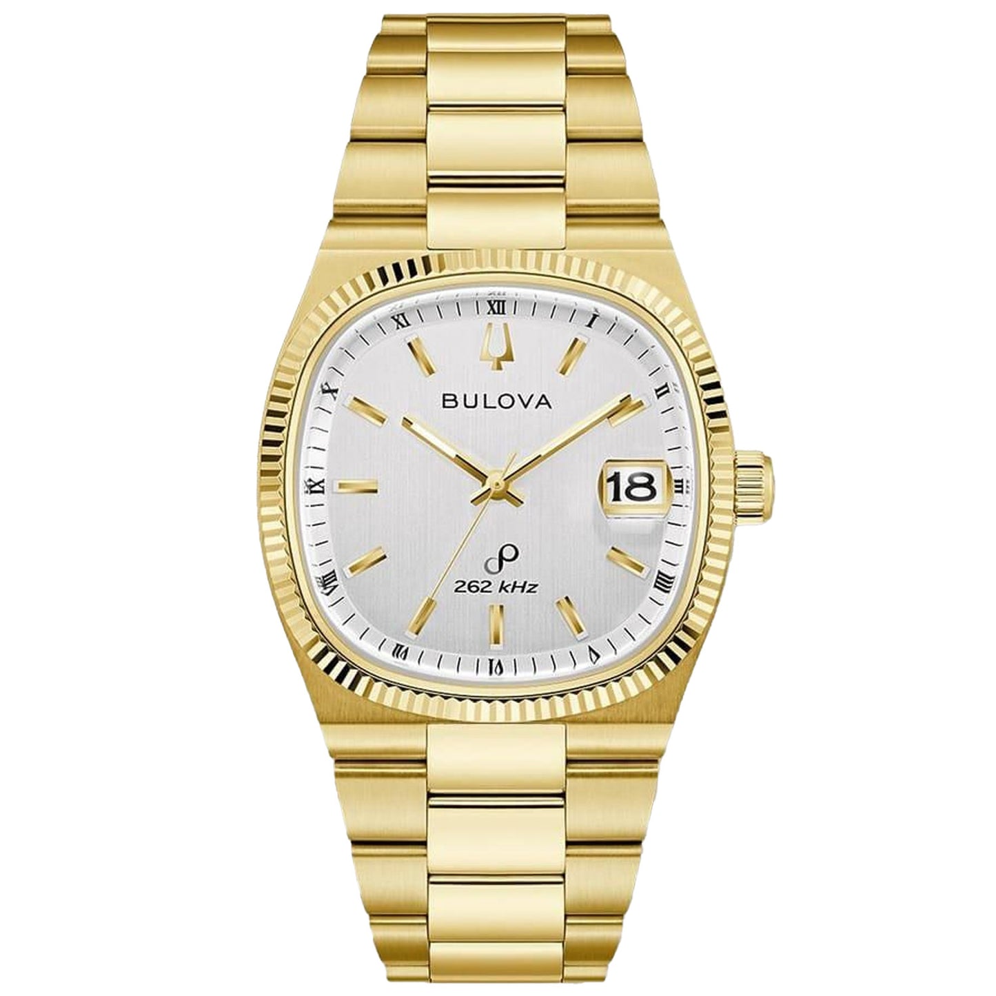 Herrenarmbanduhr Bulova mit goldfarbenem Edelstahlband, weißem Zifferblatt und Datumsanzeige