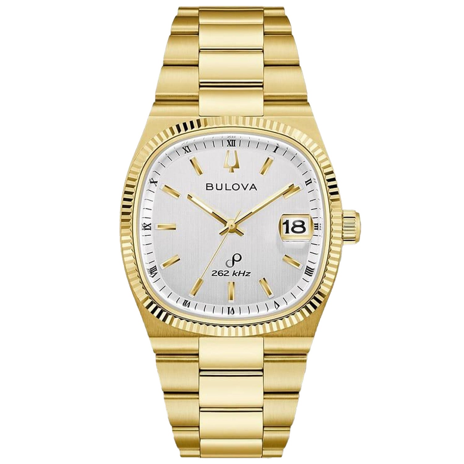 Herrenarmbanduhr Bulova mit goldfarbenem Edelstahlband, weißem Zifferblatt und Datumsanzeige