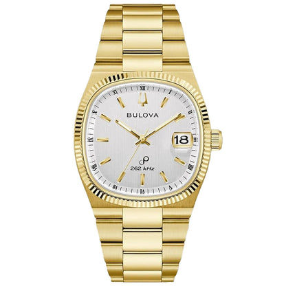 Herrenarmbanduhr Bulova mit goldfarbenem Edelstahlband, weißem Zifferblatt und Datumsanzeige
