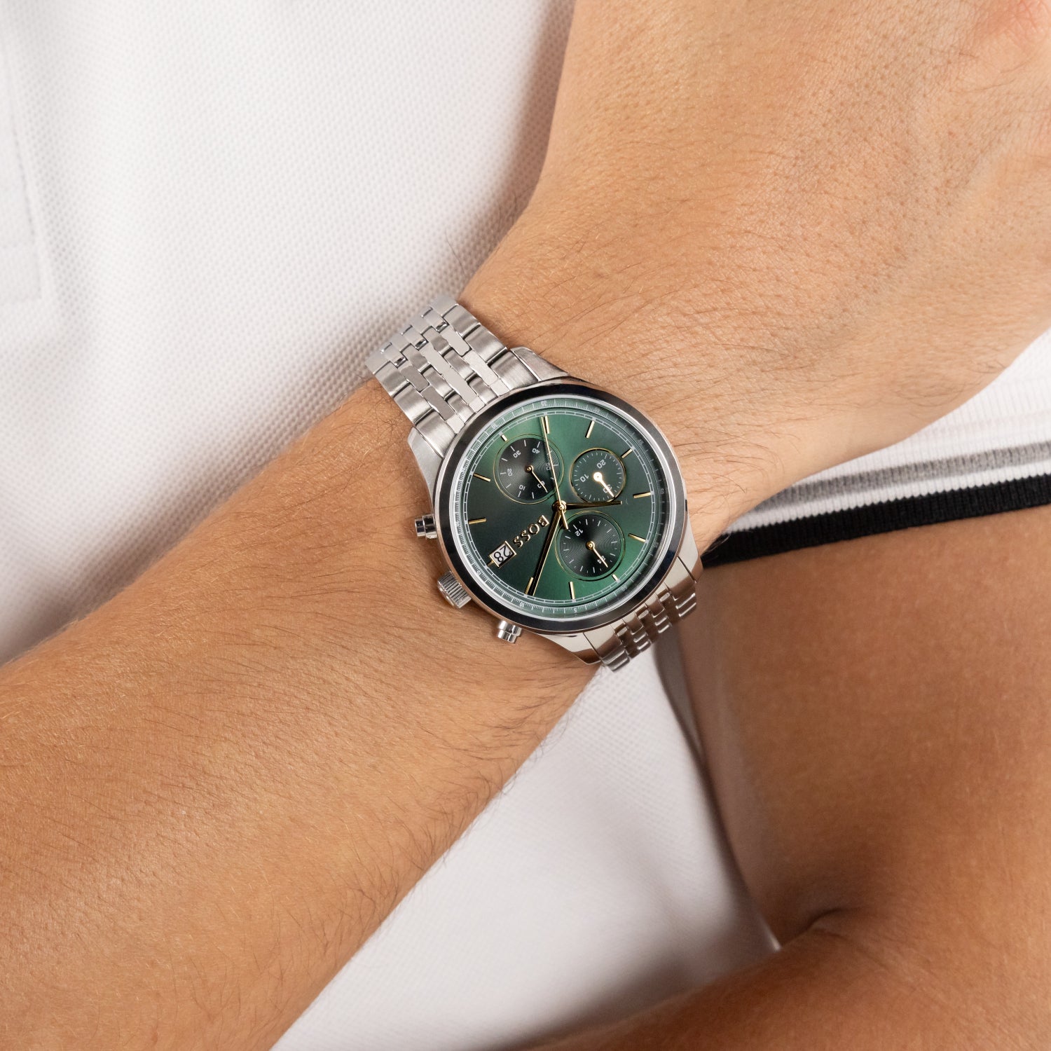 Herrenarmbanduhr mit grünem Zifferblatt, Edelstahlarmband und Chronographen-Optik
