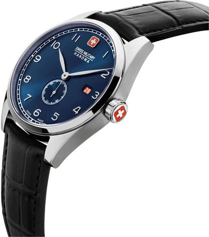 Montre homme avec bracelet en cuir noir, cadran bleu et croix rouge sur la couronne