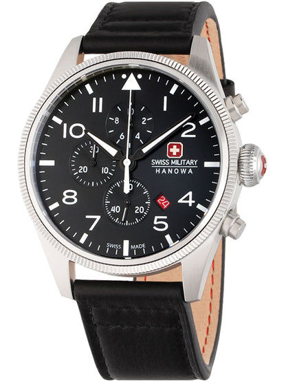 Herren-Chronographenarmbanduhr mit schwarzem Zifferblatt, schwarzem Lederband und Edelstahlgehäuse