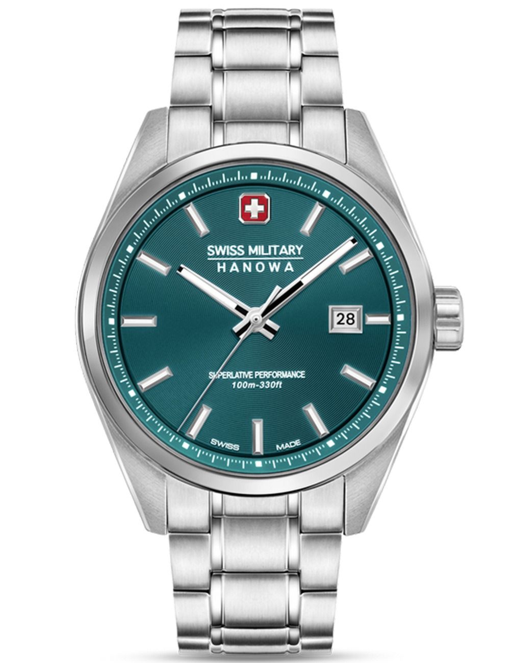 Swiss Military Hanowa Pioneer Herrenarmbanduhr, tealfarbenes Zifferblatt, Edelstahlarmband