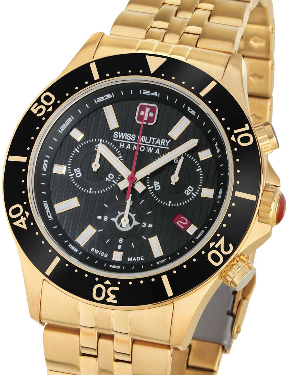 Swiss Military Hanowa Herren-Chronograph: goldfarbenes Edelstahlarmband, schwarzes Zifferblatt