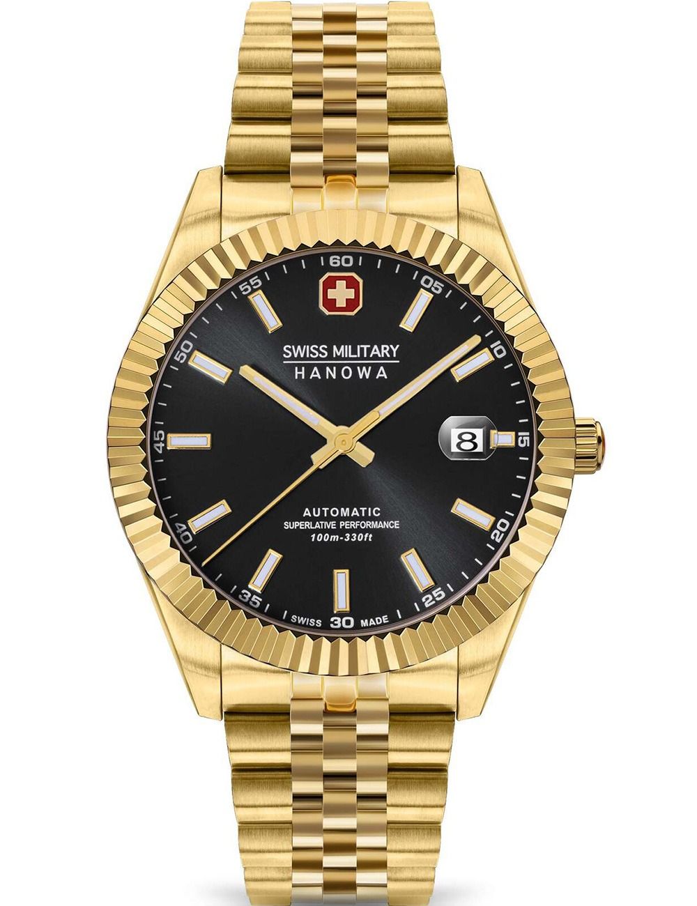 Herrenarmbanduhr mit goldfarbenem Edelstahlband, schwarzem Zifferblatt, Automatik, Datumsfenster