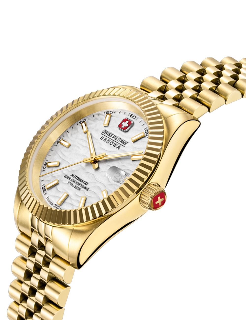 Herrenautomatikuhr Swiss Military Hanowa mit goldenem Gehäuse und gerändelter Lünette
