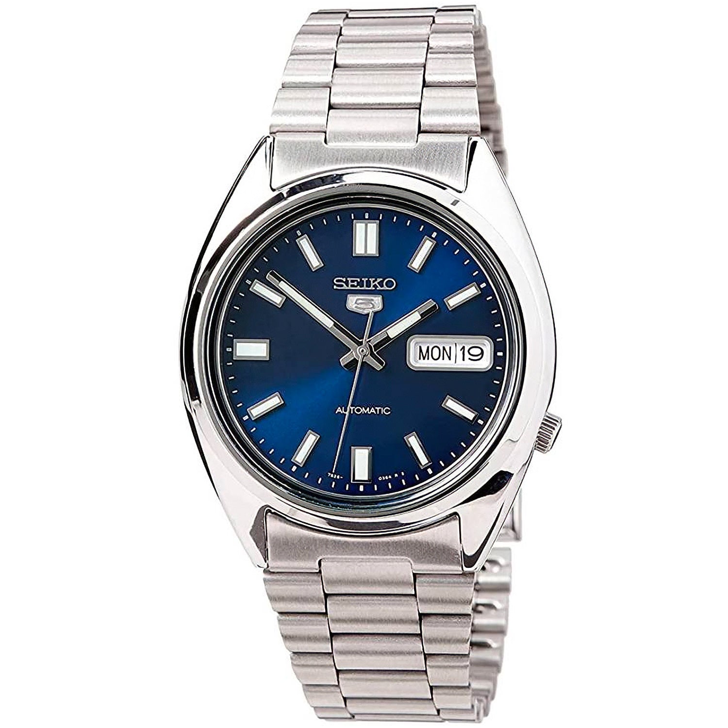 Seiko Herrenarmbanduhr mit blauem Zifferblatt, Stahlband und Tag-Datum-Anzeige