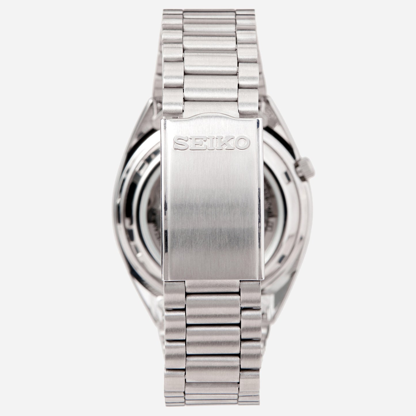 Seiko Herrenarmbanduhr mit silbernem Stahlband und Gehäuseseite mit SEIKO-Schrift