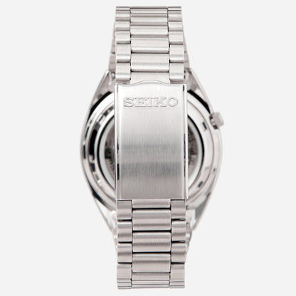 Seiko Herrenarmbanduhr mit silbernem Stahlband und Gehäuseseite mit SEIKO-Schrift