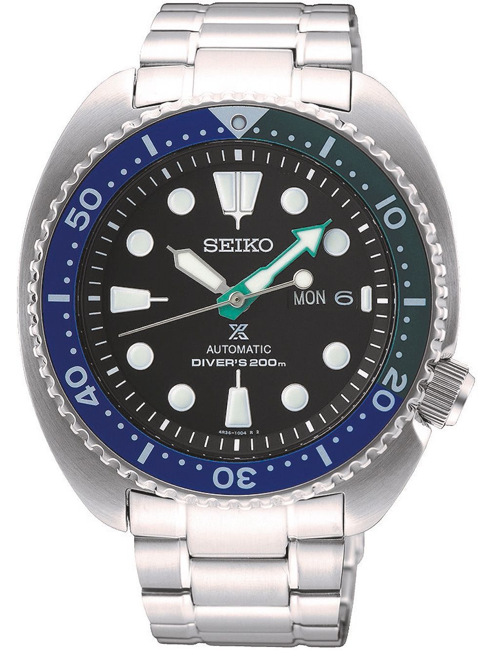 Seiko Prospex Herrenuhr: silbernes Edelstahlarmband, blau-schwarze Lünette, schwarzes Zifferblatt