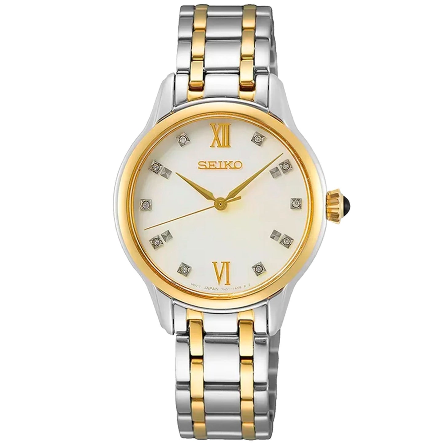 Seiko Damenarmbanduhr: silbernes Edelstahlband, goldene Lünette, Diamant-Zifferblatt