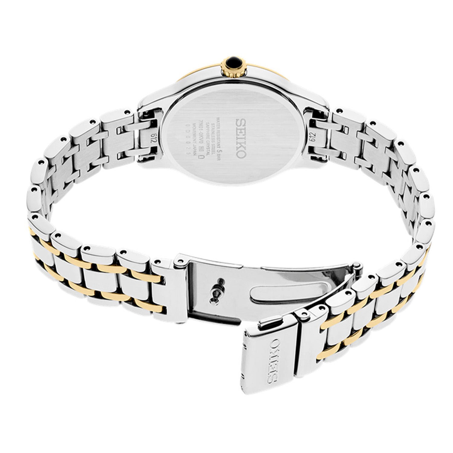 Seiko Damenarmbanduhr Rückansicht: silber-goldenes Edelstahlband mit Verschluss