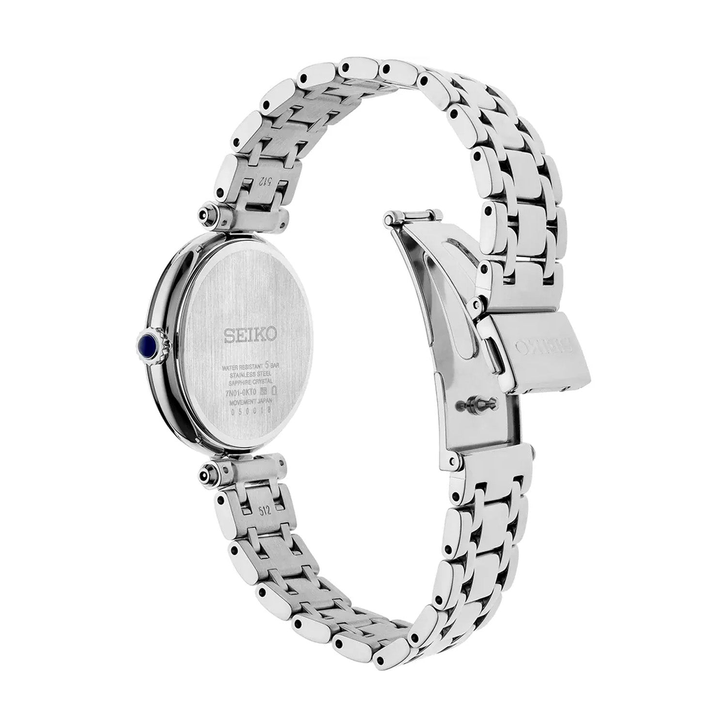 Damenarmbanduhr SEIKO in Silberoptik, Gehäuse-Rückseite mit Gravur und Gliederarmband
