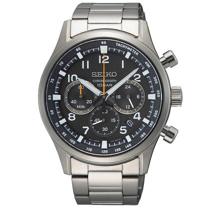 Seiko Chronographenarmbanduhr: Stahlband, schwarzes Zifferblatt, Chrono-Subdials