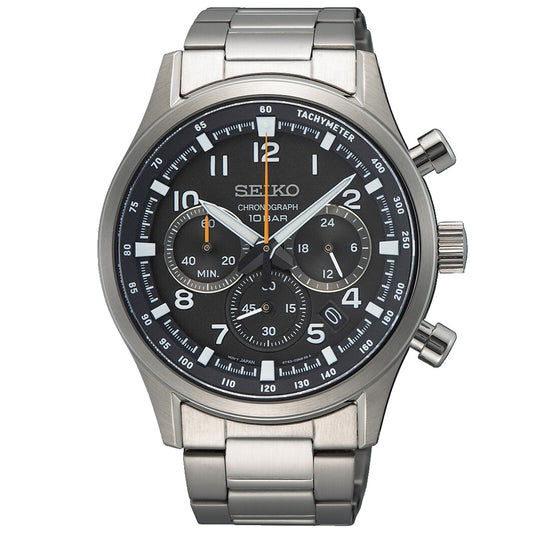 Seiko Chronographenarmbanduhr: Stahlband, schwarzes Zifferblatt, Chrono-Subdials