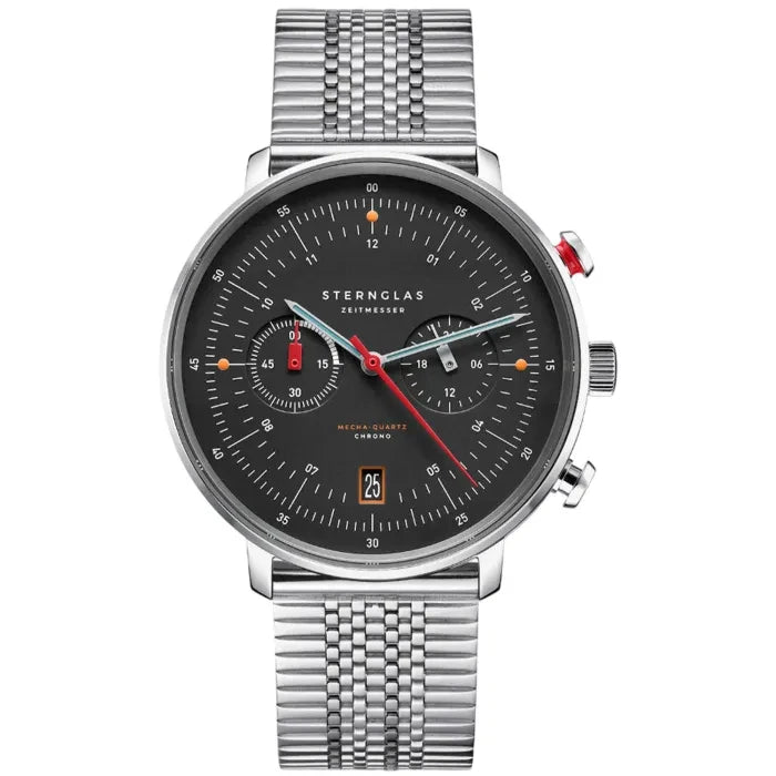 Sternglas Herren-Chronograph mit schwarzem Zifferblatt, silbernem Edelstahlarmband und Quarzwerk