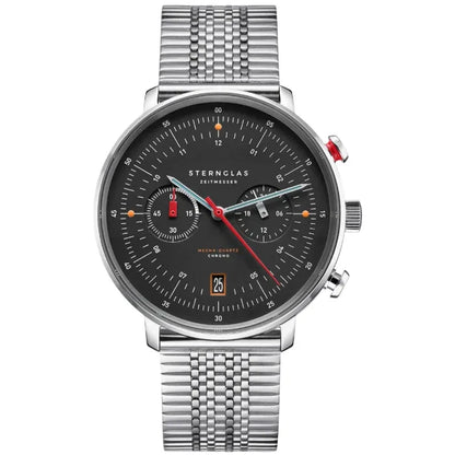 Sternglas Herren-Chronograph mit schwarzem Zifferblatt, silbernem Edelstahlarmband und Quarzwerk