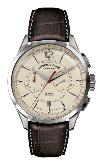 Bracelet de montre pour homme en cuir marron, boîtier chronographe argenté et cadran blanc