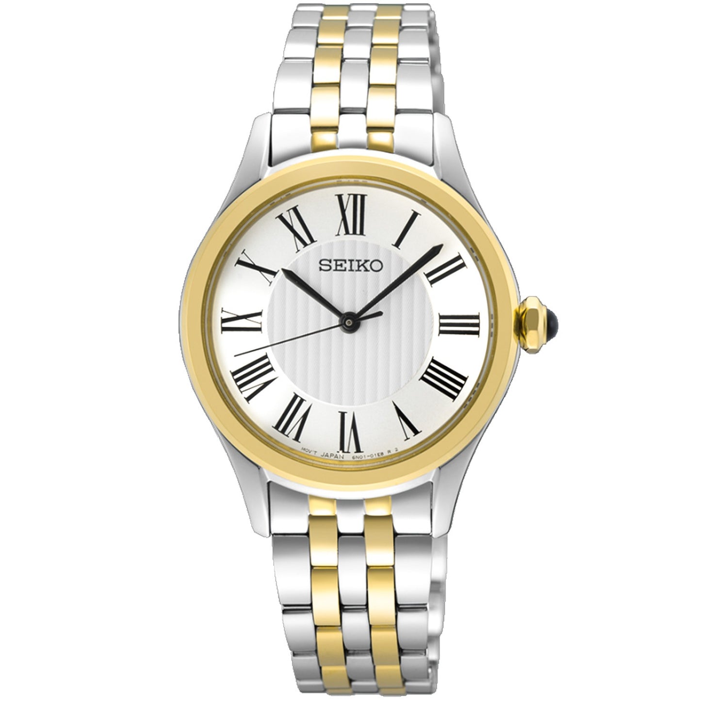 Damenuhr mit zweifarbigem Metallarmband, weißem Zifferblatt, römischen Zahlen