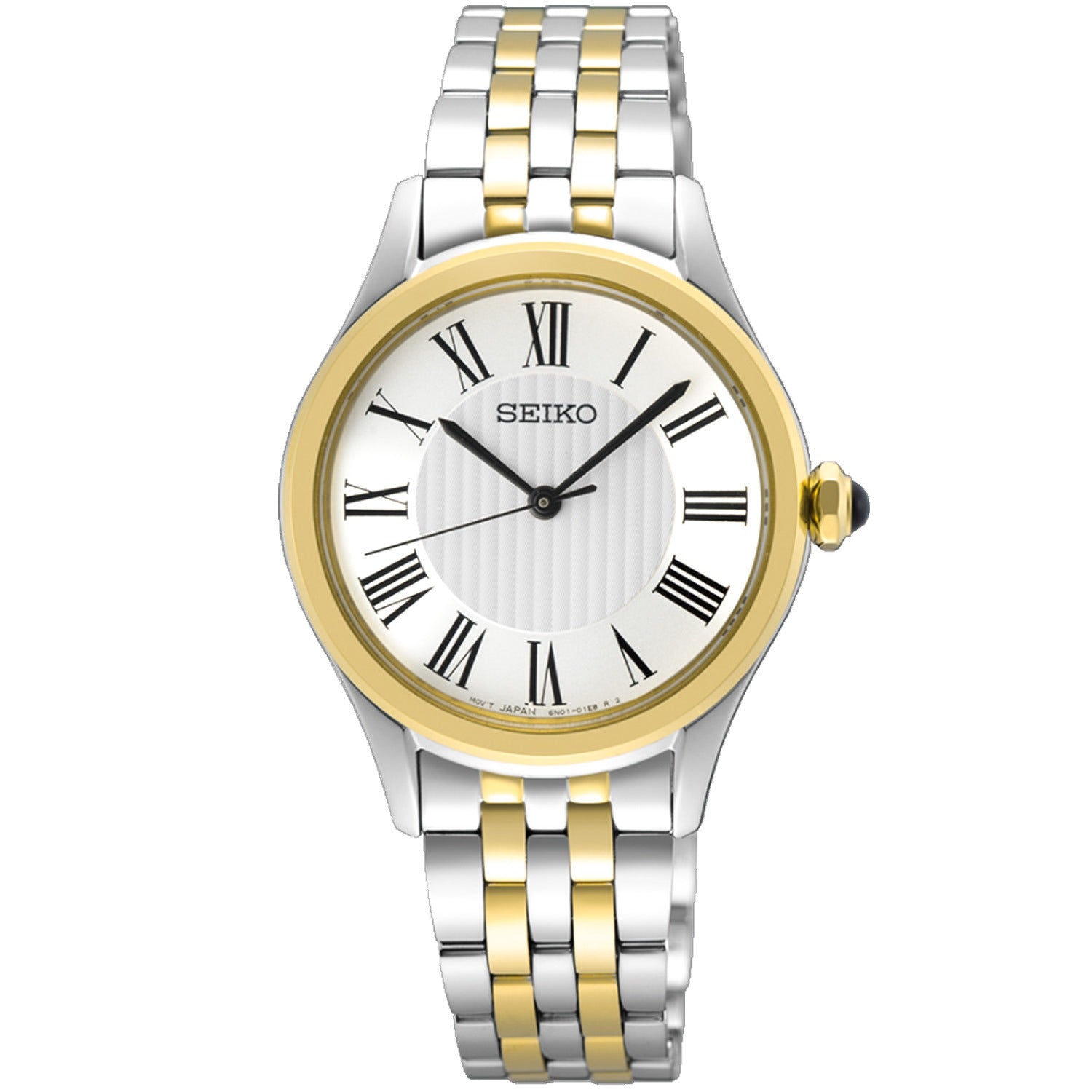 Damenuhr mit zweifarbigem Metallarmband, weißem Zifferblatt, römischen Zahlen