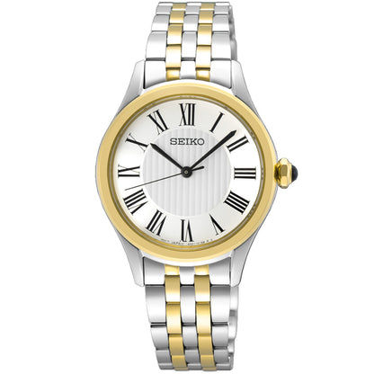 Damenuhr mit zweifarbigem Metallarmband, weißem Zifferblatt, römischen Zahlen