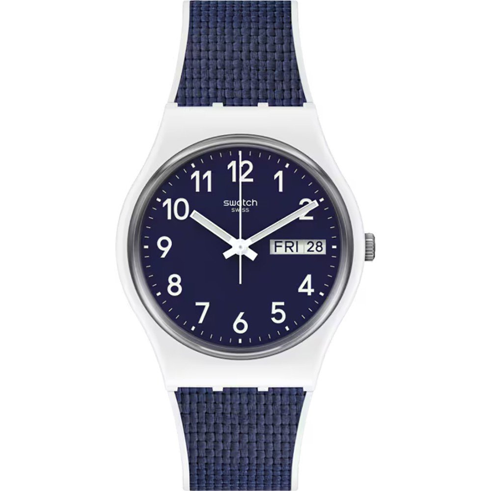 Leichte Armbanduhr mit rundem dunkelblauem Zifferblatt, Datumsanzeige und blauem Textilband