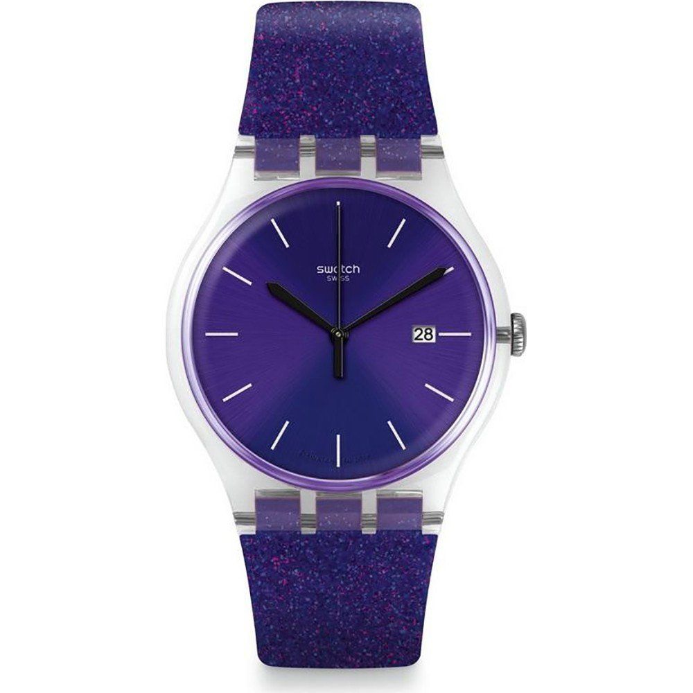 Swatch Damenuhr mit rundem violettem Zifferblatt, silbernem Gehäuse und Glitzerarmband