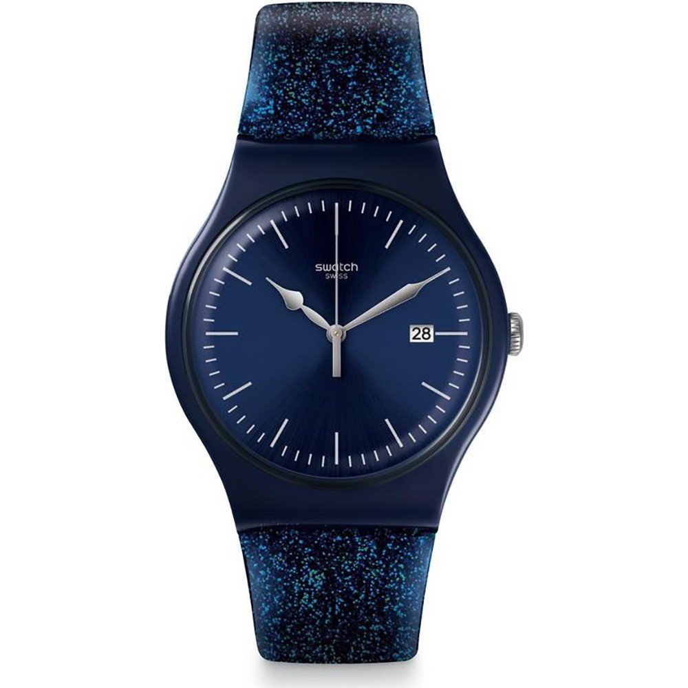 Swatch Glitzer-Armbanduhr für Unisex mit blauem Zifferblatt, Datumsanzeige 28