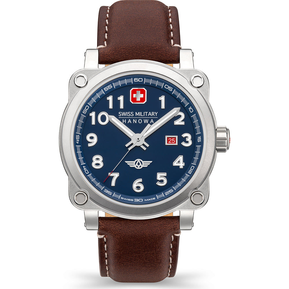 Herrenarmbanduhr Swiss Military Hanowa mit braunem Lederband, blauem Zifferblatt und Leuchtindizes
