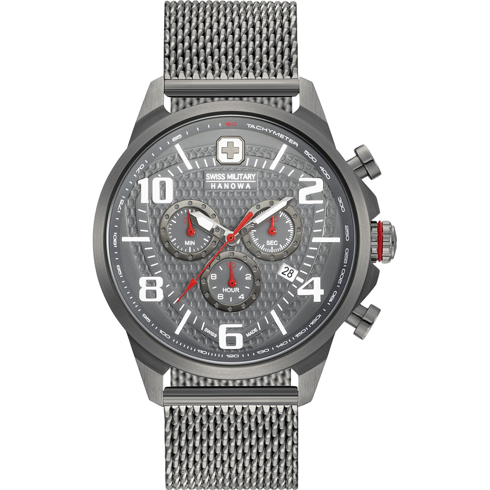 Swiss Military Hanowa Herren-Quarzuhr, Edelstahlgehäuse, schwarzes Chronographen-Zifferblatt