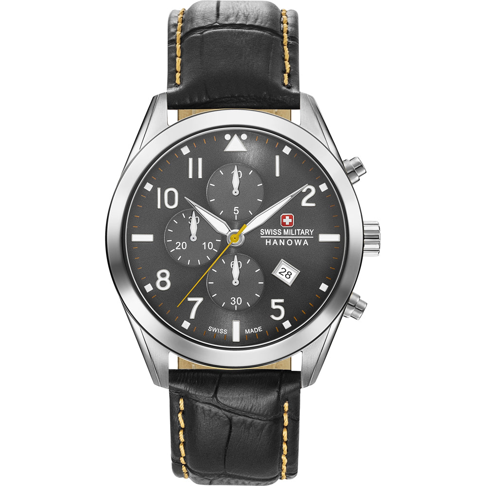 Swiss Military Hanowa Herren-Chronograph mit schwarzem Zifferblatt, Edelstahlgehäuse & Lederarmband