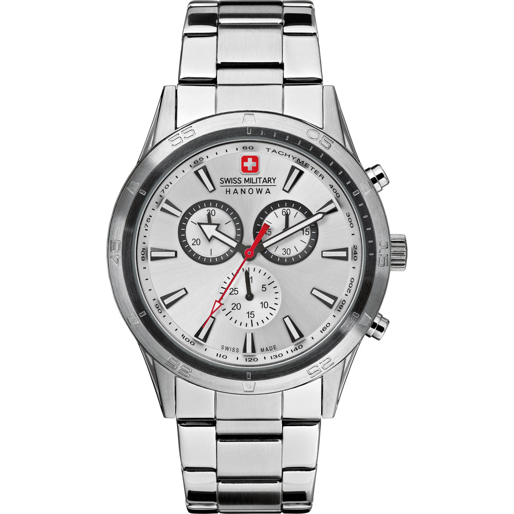 Swiss Military Hanowa Herrenarmbanduhr: Edelstahlband, schwarzes Zifferblatt, Chronograph-Subdials