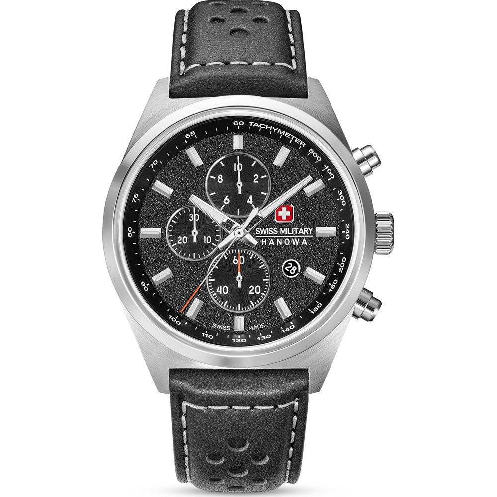 Swiss Military Hanowa Herren-Armbanduhr mit schwarzem Zifferblatt, Chronograph-Subdials und Lederband