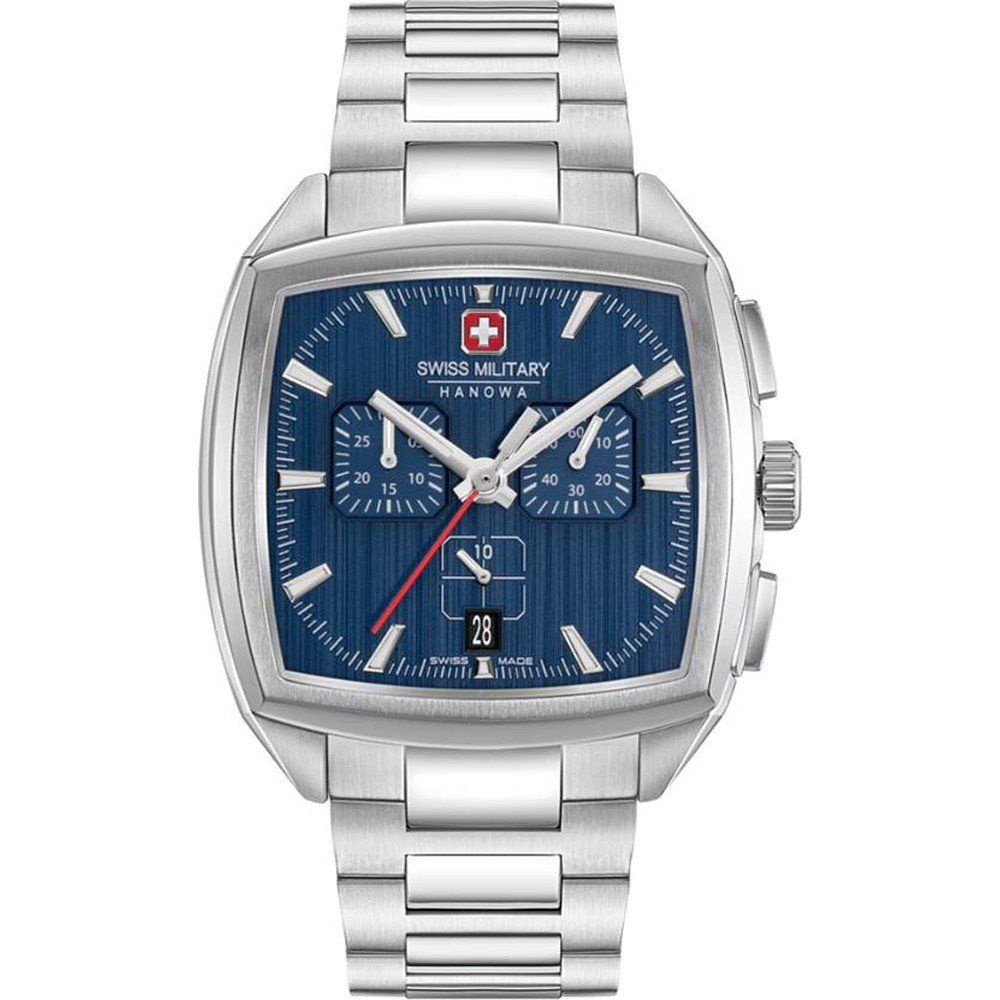 Herrenarmbanduhr mit blauem Zifferblatt, Edelstahlband, Datumsanzeige und Chrono-Unterzifferblättern.