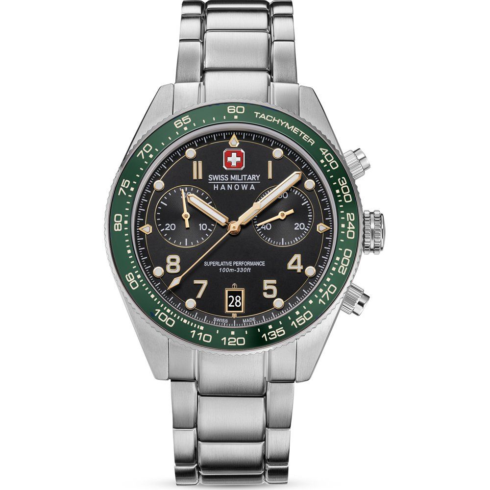 Herren-Armbanduhr Swiss Military Hanowa mit Metallarmband, grünem Zifferblatt und Chronograf.