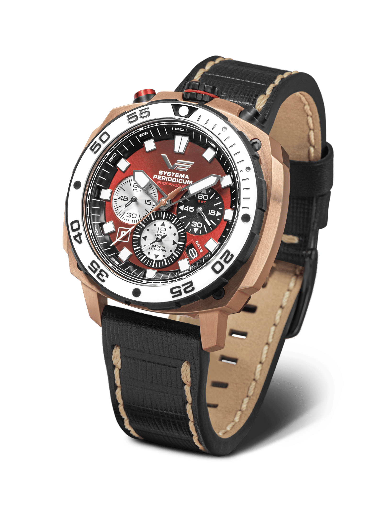 Vostok Europe herrklocka med brunt läderarmband, runt boett, röd urtavla